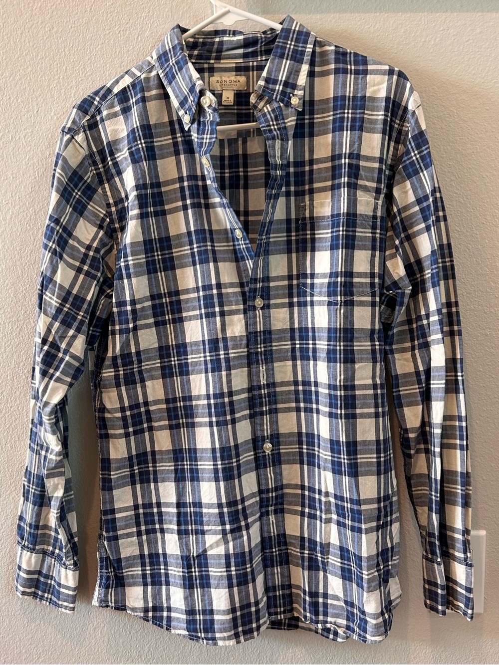 Men's Blue and White Plaid Button-Down Shirt